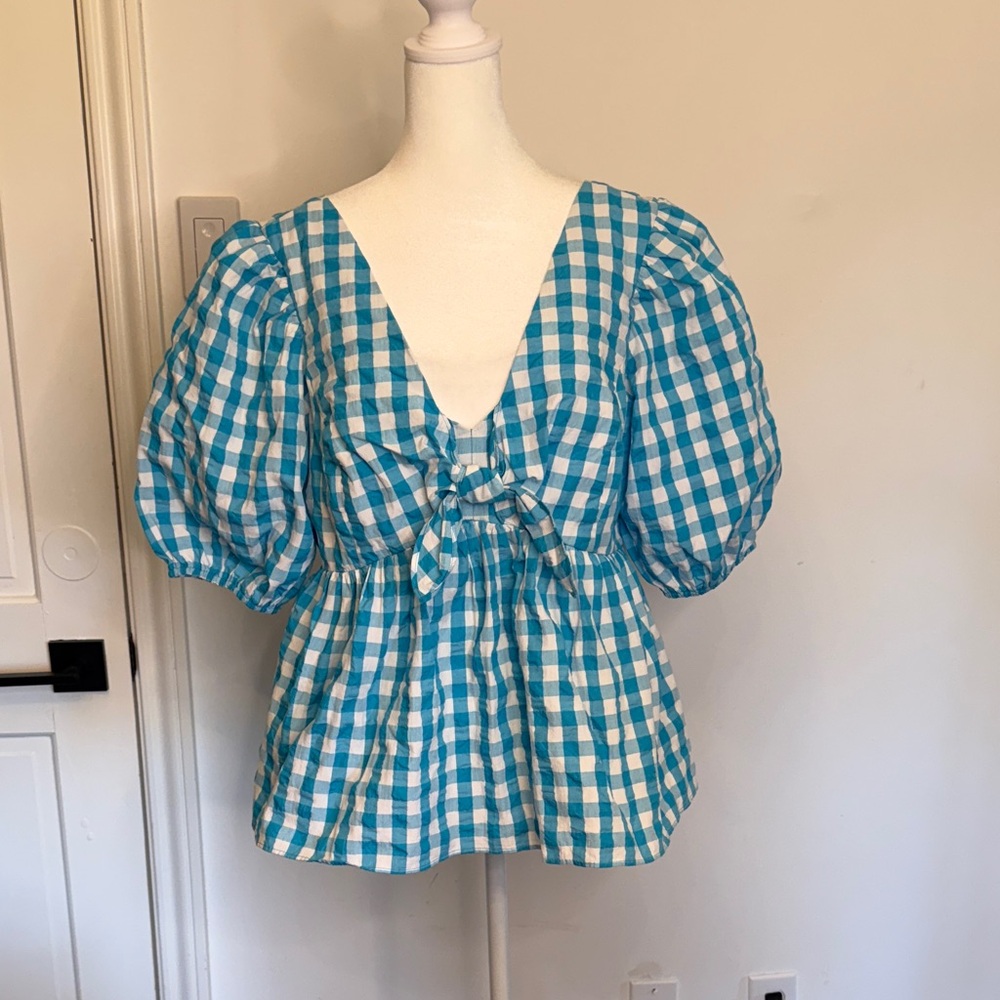 Lilly Pulitzer Blue Checkered Puff Sleeve Blouse